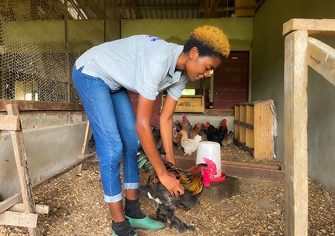 Marcelle Sanama, la technicienne en charge de l’élevage des poules pantalonnées. Photo : Viviane