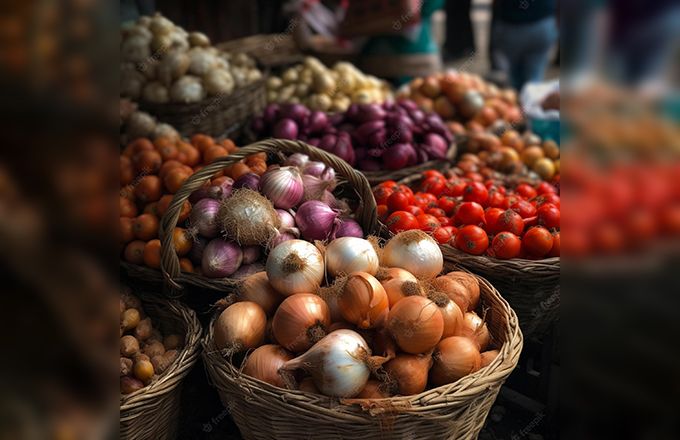 Paniers d'oignons et de tomates exposés au marché. Photo : IPTC