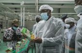 Le ministre du Commerce et de l’Industrie Souleymane Diarrassouba lors de l’inauguration de l’usine de transformation de fruits et légumes de Trafrule à N'Douci mi-juillet. Photo : M. Camara